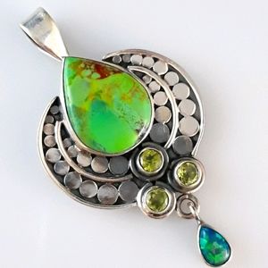 Australian Gaspeite and Fire Opal Silver Pendant